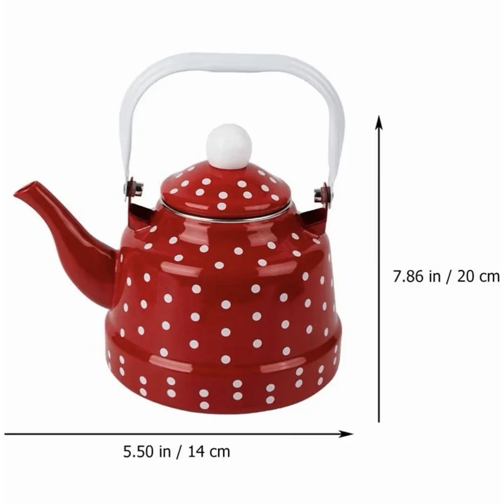1L Red White Polka Dot Enamel Tea Kettle Teapot w/ Lid Stovetop Water Boiler